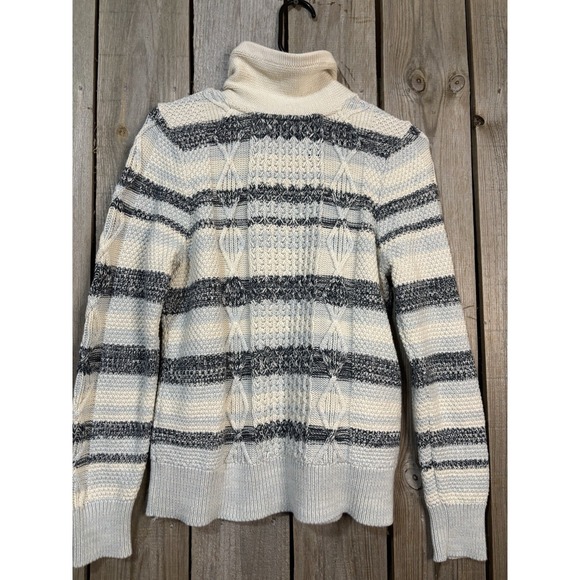 Old Ranch Cowl Neck Womens Sweater Medium Organic Cotton Blend Cream Gray Stripe - Picture 4 of 4
